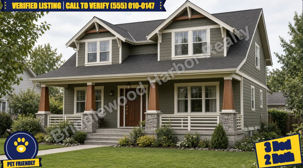 Example listing photo with a demo company-name watermark and corner banners: verified listing, pet friendly, 3 bed 2 bath